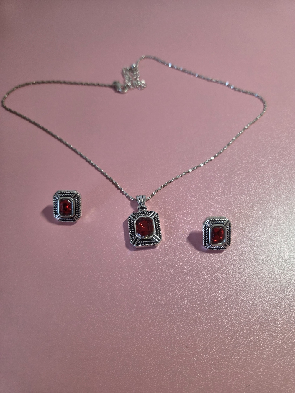 Sterling Silver Red Gem Pendant Necklace and Earrings Set